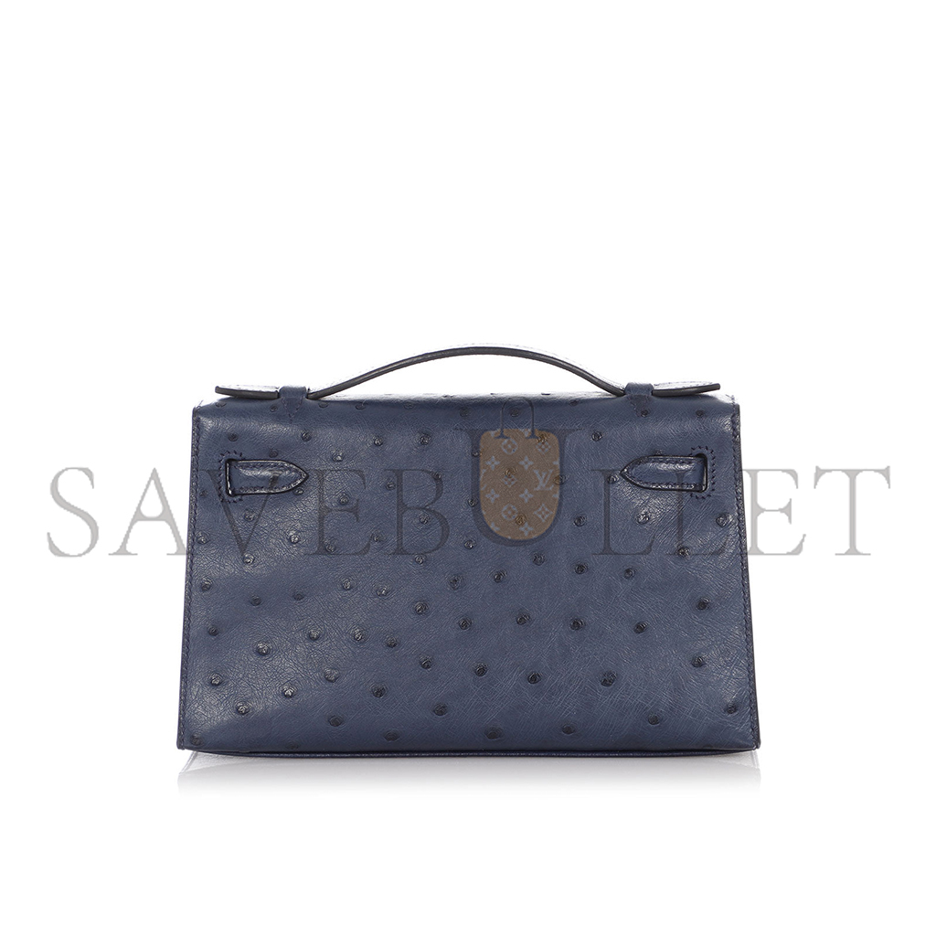HERMÈS MASTER  BLEU DE MALTE OSTRICH KELLY POCHETTE (22*14*7cm)